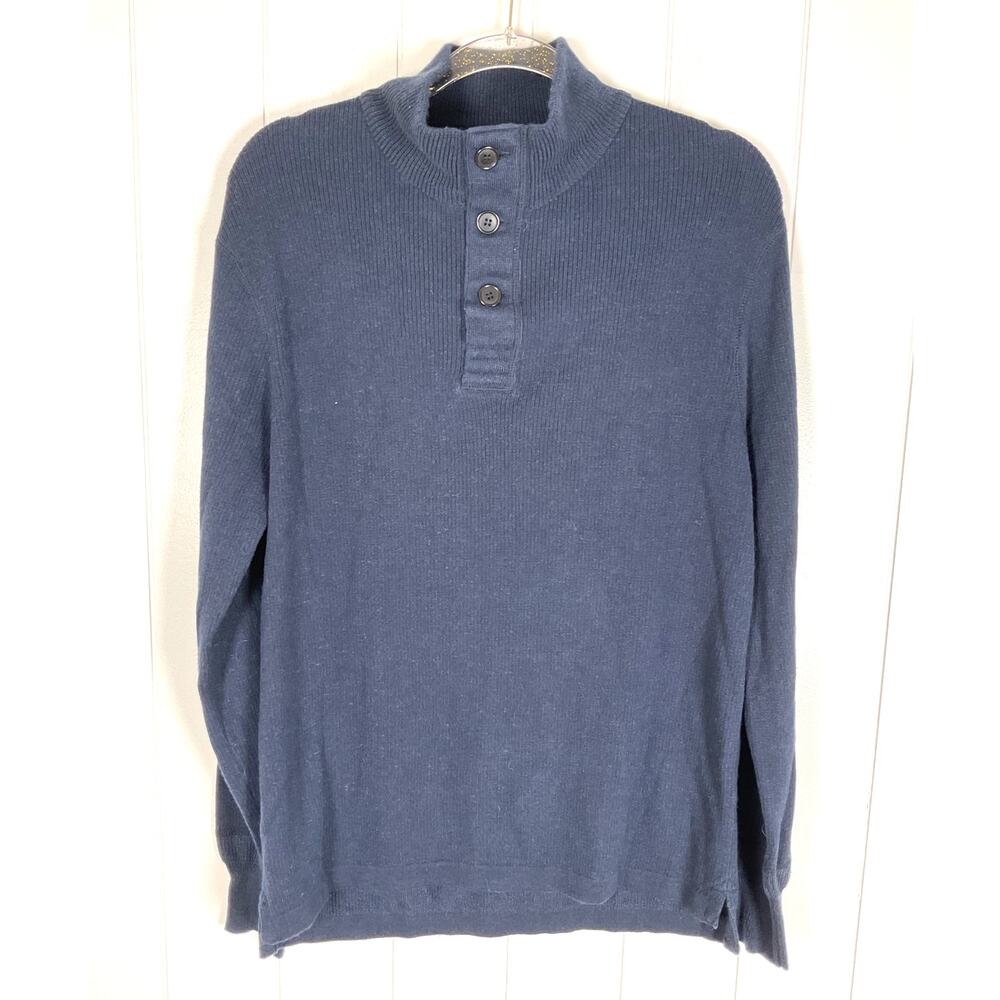 Relwen Men's Button Mock Neck Henley Sweater Wool Blend in Navy Blue Size XL‎